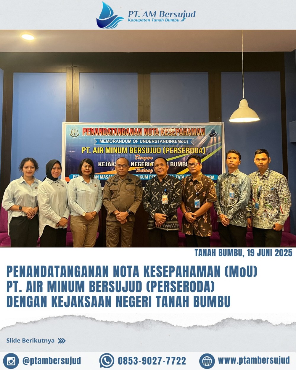 Penandatanganan Nota Kesepahaman (MoU) PT. Air Minum Bersujud (Perseroda) Dengan Kejaksaan Negeri Tanah Bumbu